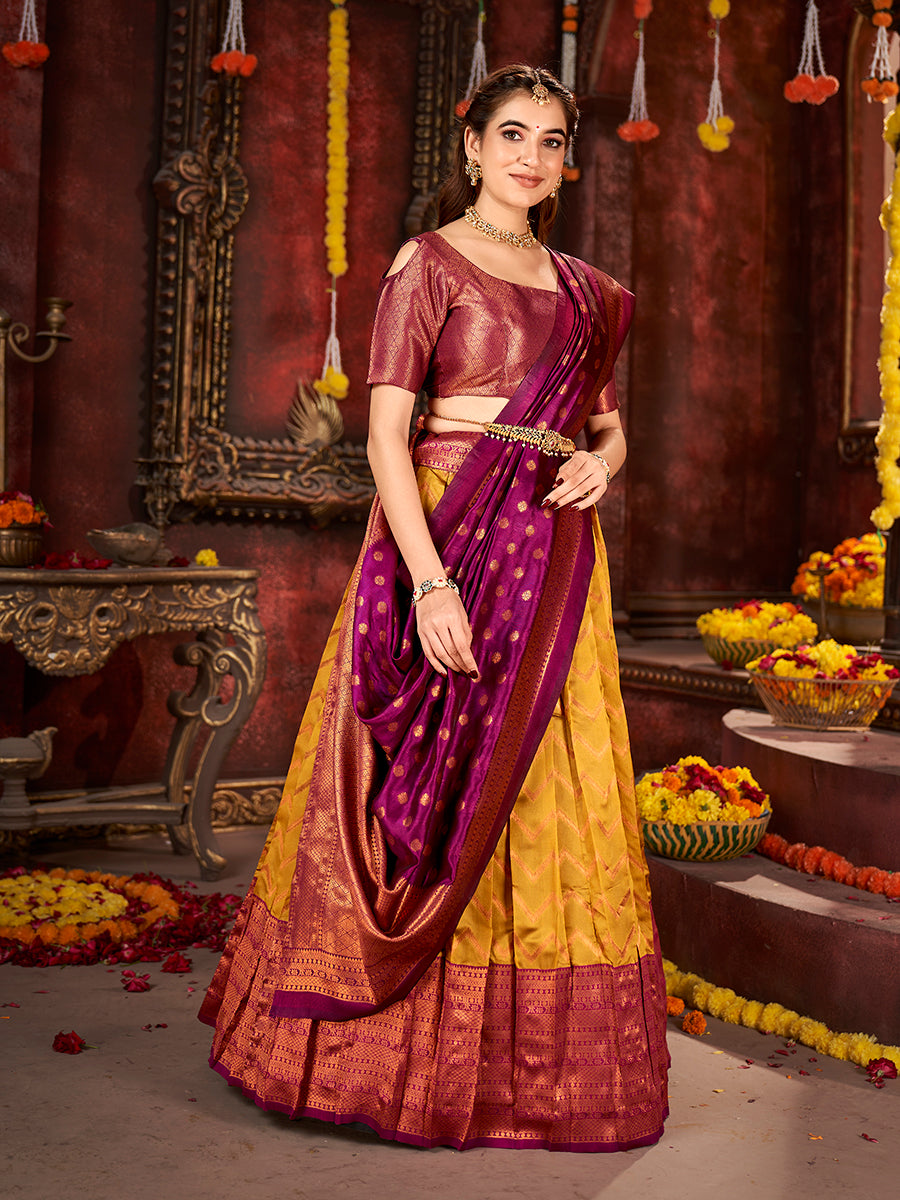 Mustard & Burgundy Banarasi Silk Half Saree Lehenga Choli