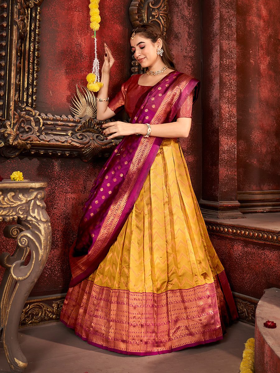 Mustard & Burgundy Banarasi Silk Half Saree Lehenga Choli