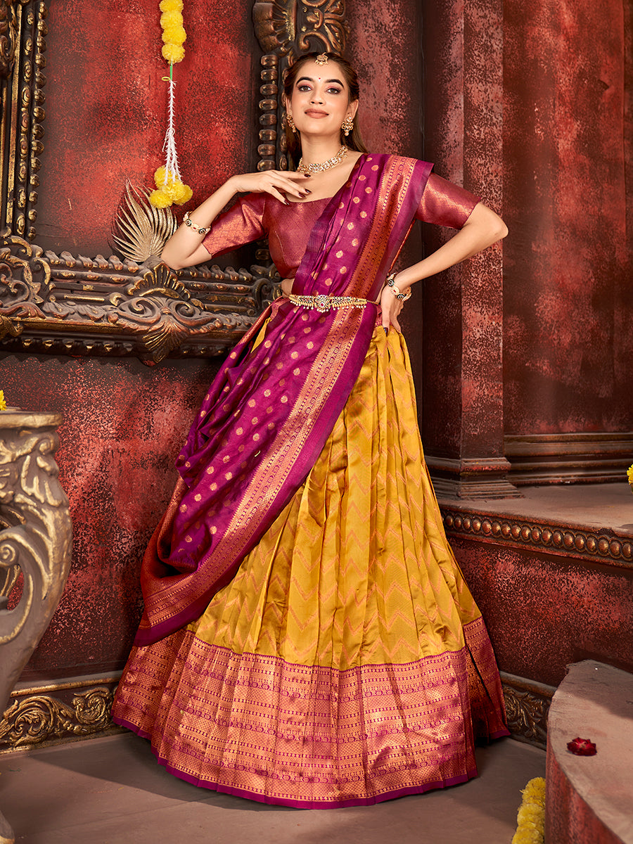 Mustard & Burgundy Banarasi Silk Half Saree Lehenga Choli