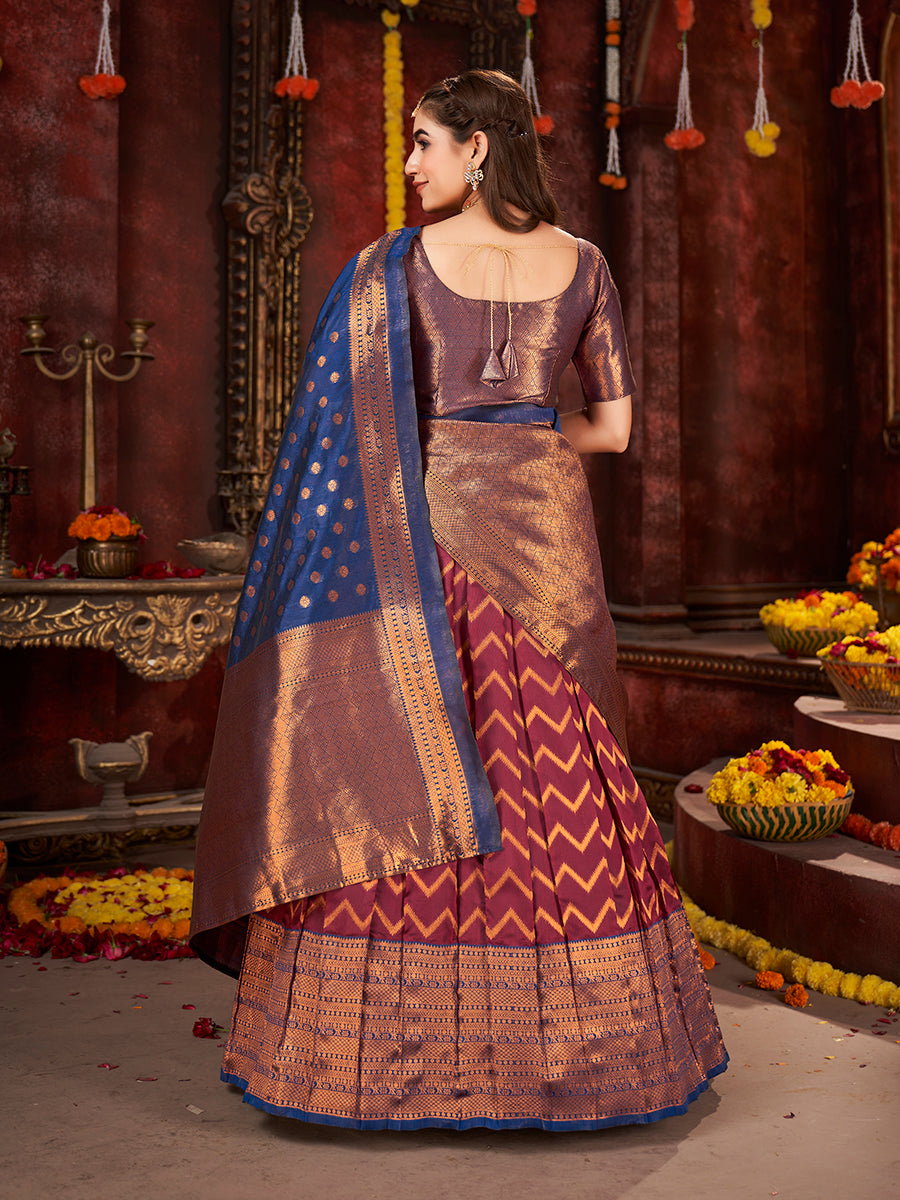 Maroon & Blue Banarasi Silk Half Saree Lehenga Choli