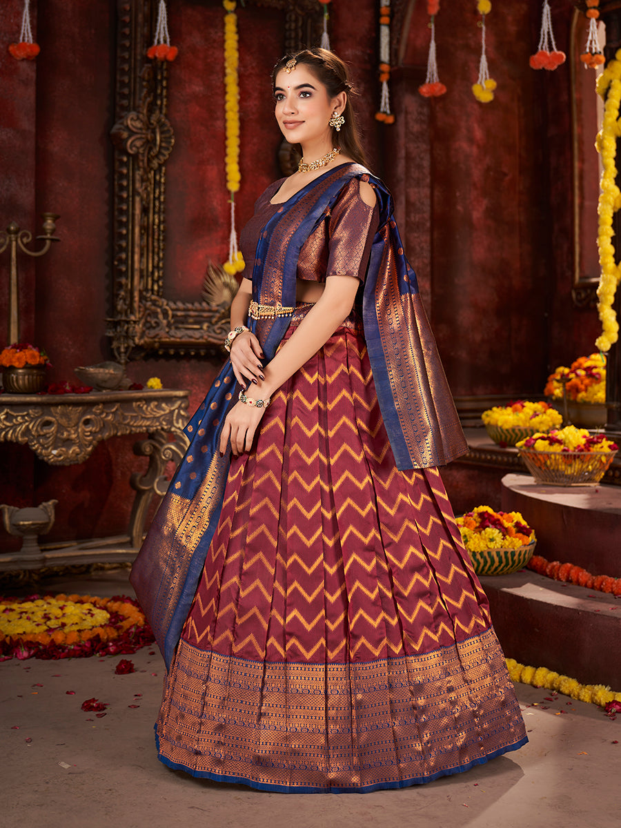 Maroon & Blue Banarasi Silk Half Saree Lehenga Choli