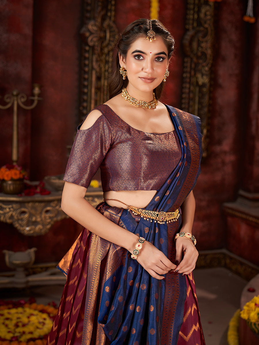 Maroon & Blue Banarasi Silk Half Saree Lehenga Choli