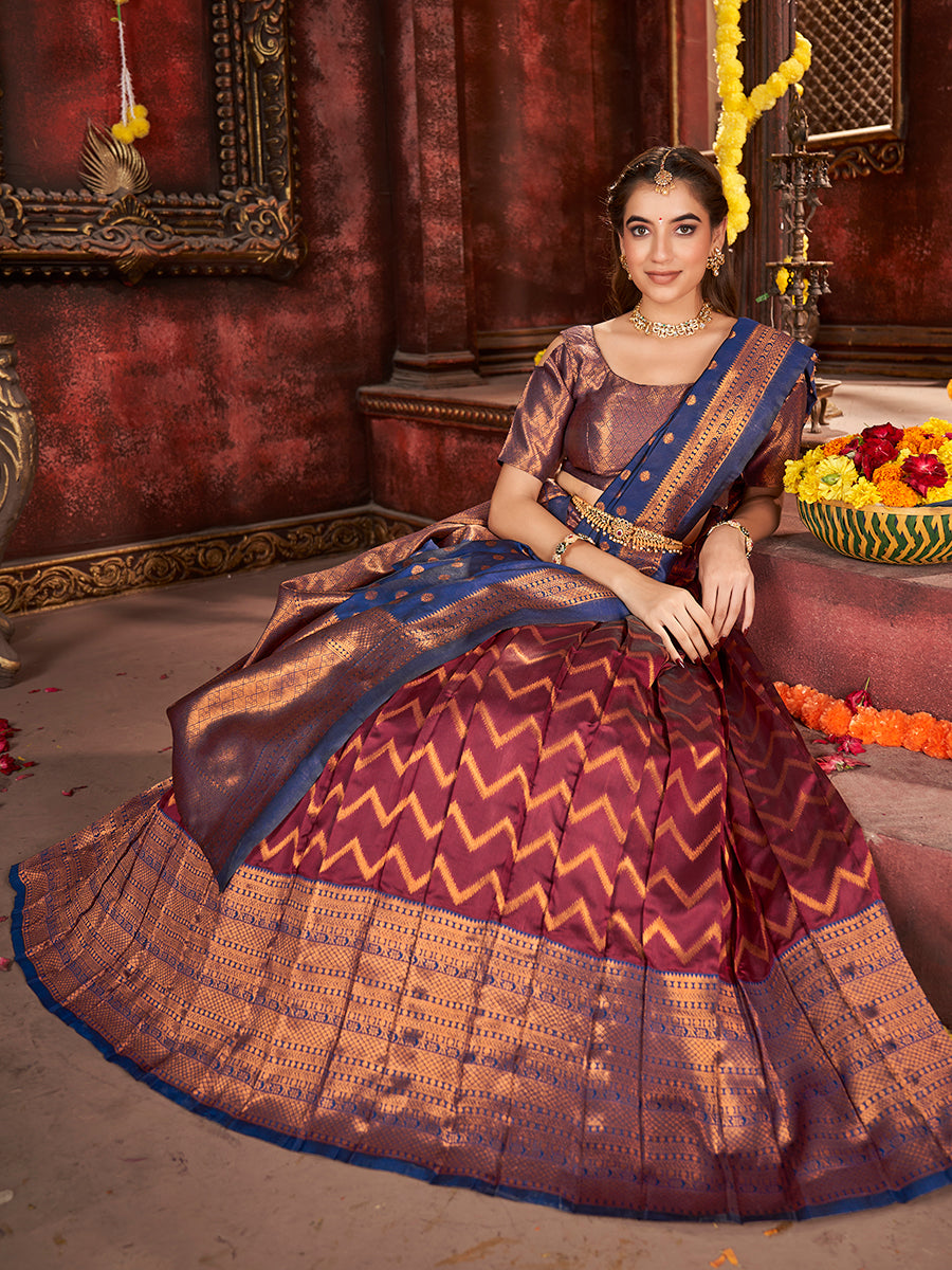 Maroon & Blue Banarasi Silk Half Saree Lehenga Choli