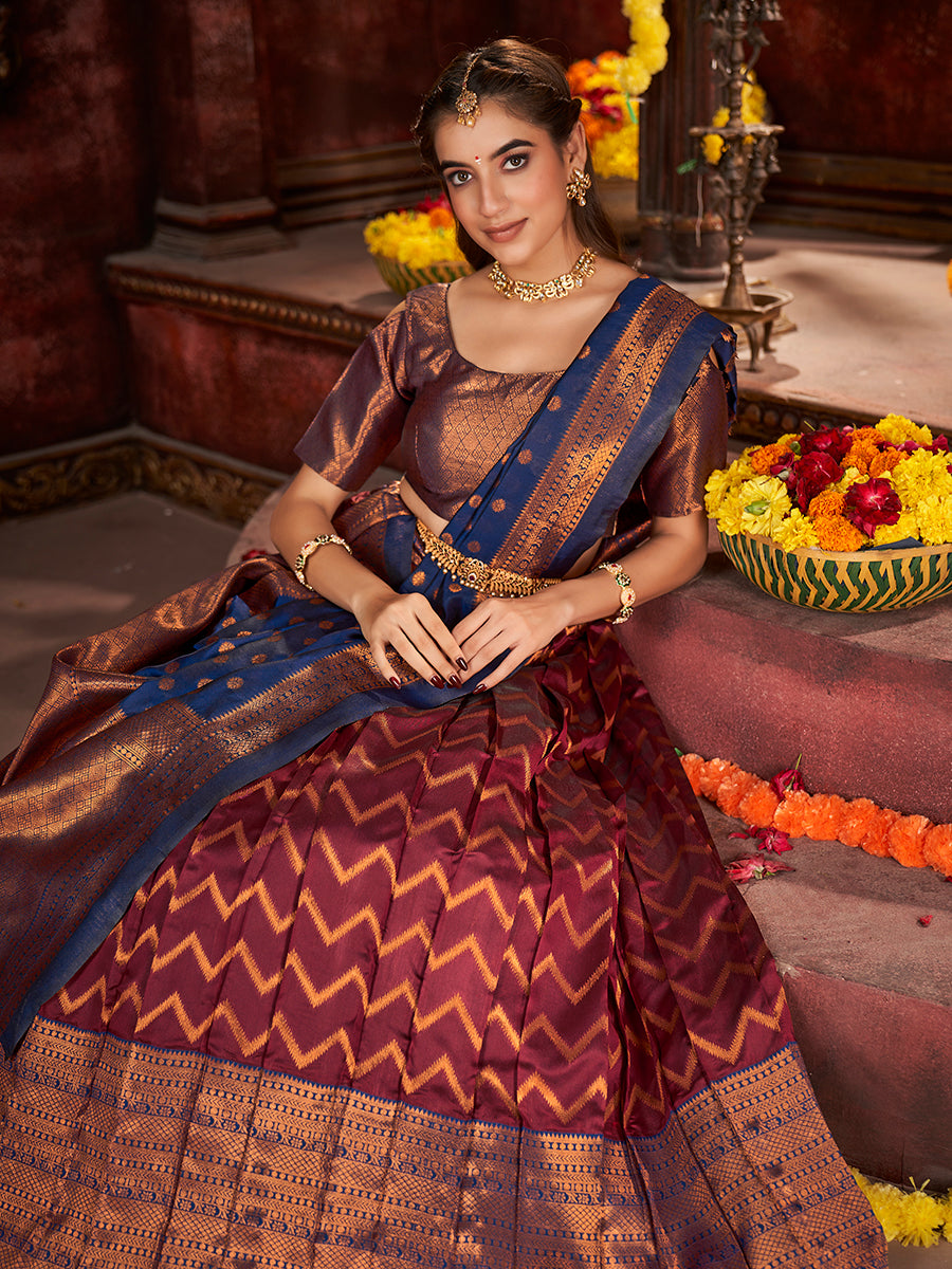 Maroon & Blue Banarasi Silk Half Saree Lehenga Choli