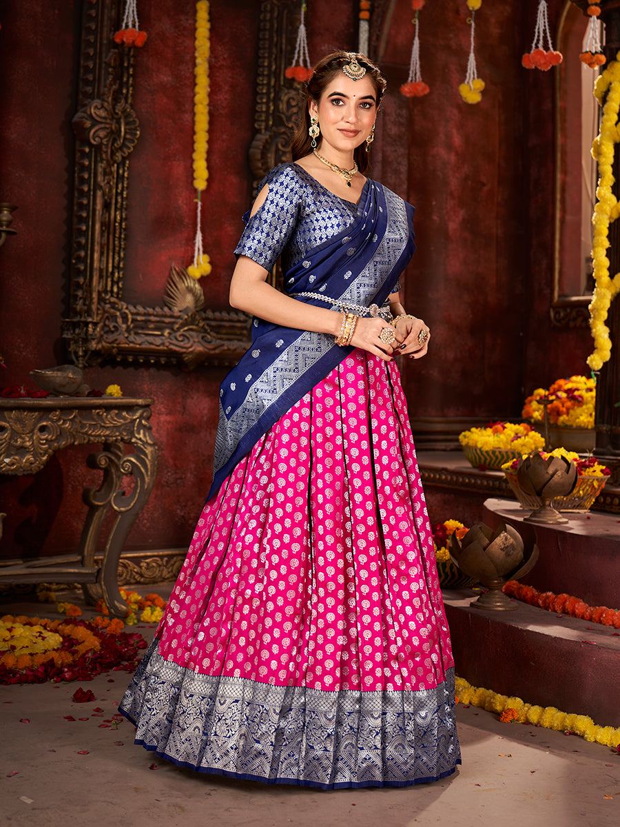 Dark Pink & Blue Banarasi Silk Half Saree Lehenga Choli