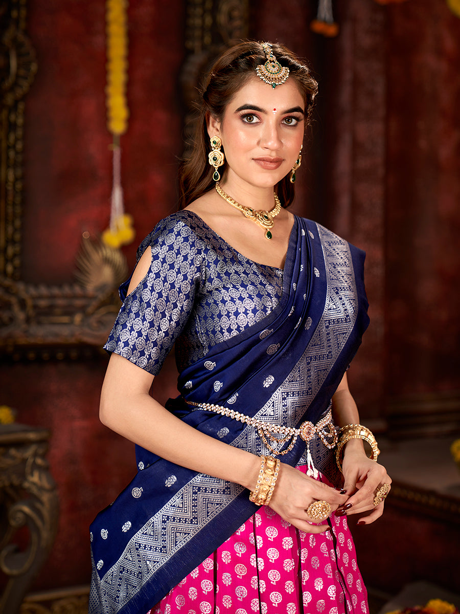 Dark Pink & Blue Banarasi Silk Half Saree Lehenga Choli