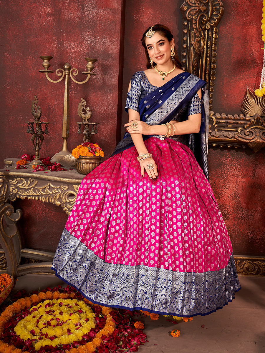 Dark Pink & Blue Banarasi Silk Half Saree Lehenga Choli