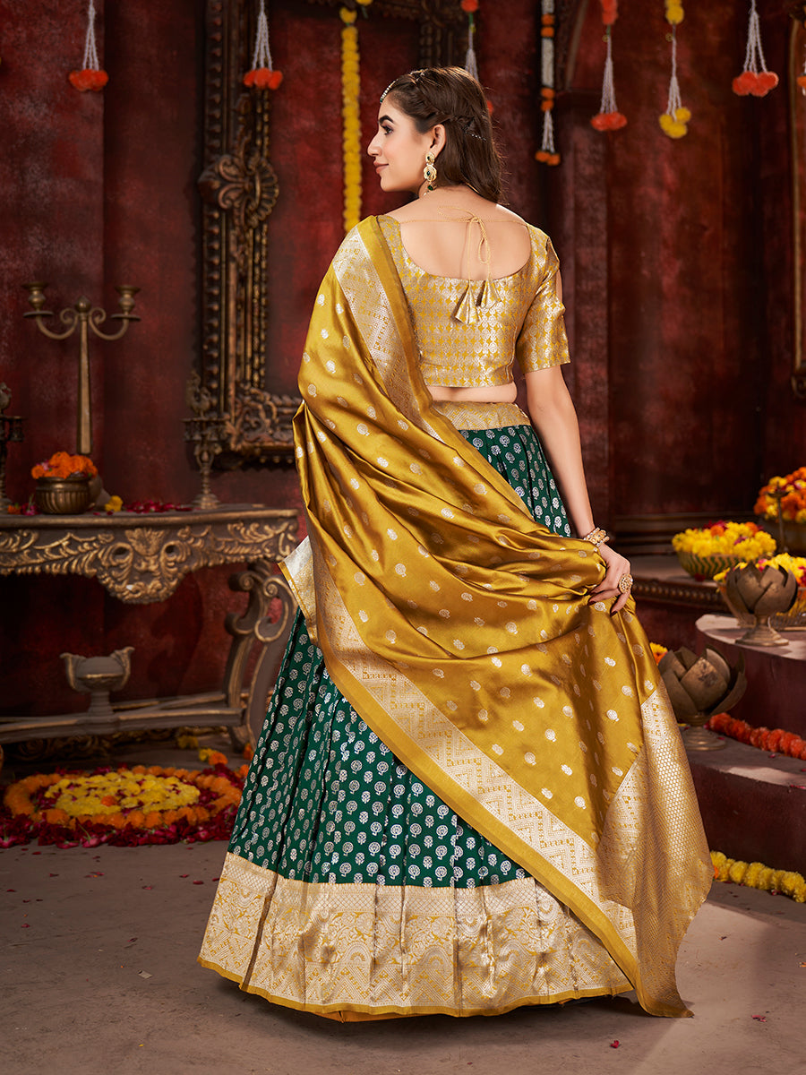 Rama Green & Yellow Banarasi Silk Half Saree Lehenga Choli