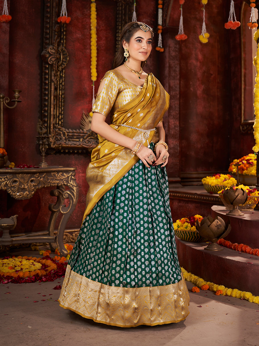 Rama Green & Yellow Banarasi Silk Half Saree Lehenga Choli