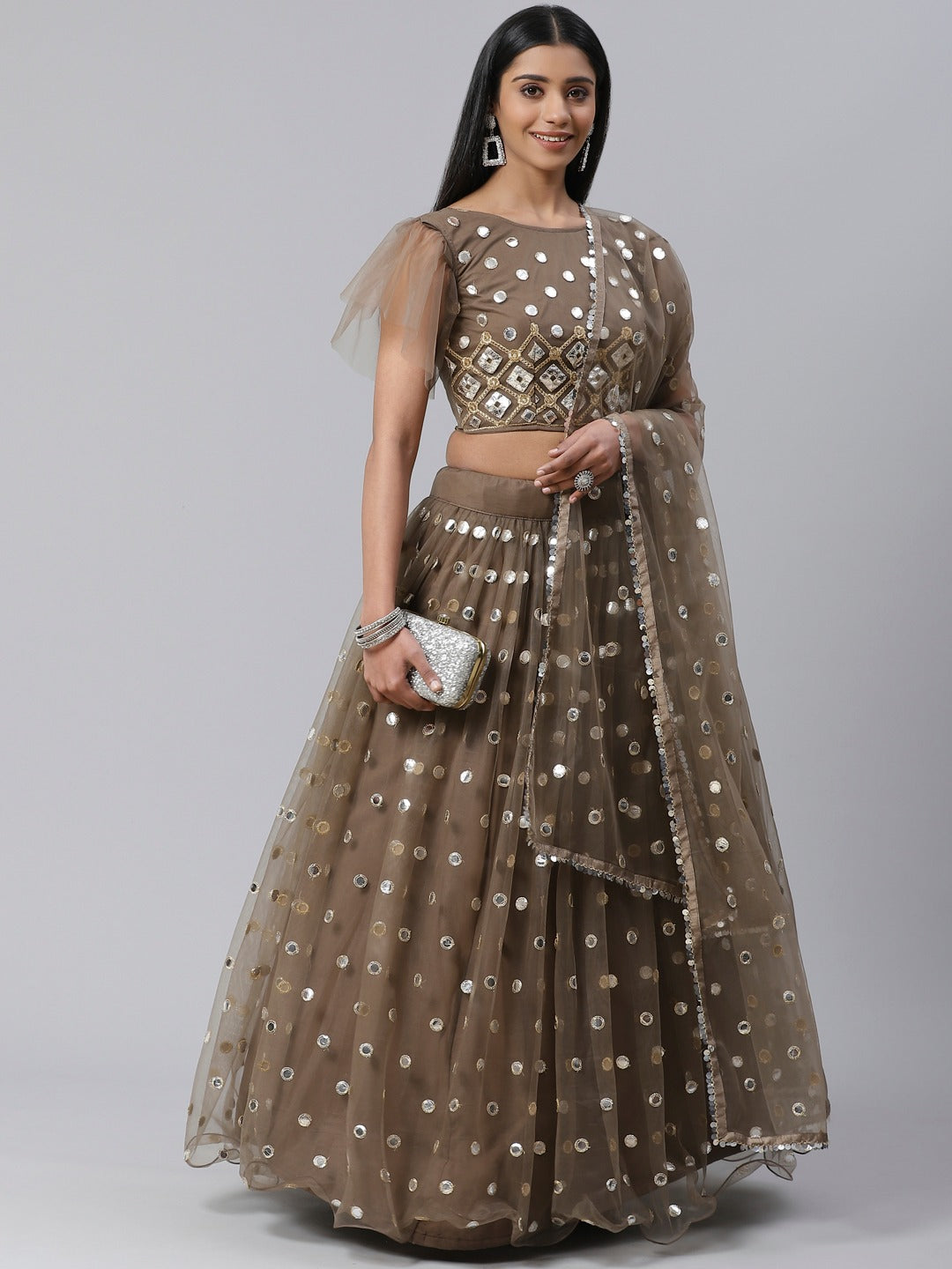 Brown Net Semi-Stitch Lehenga Choli For Reception