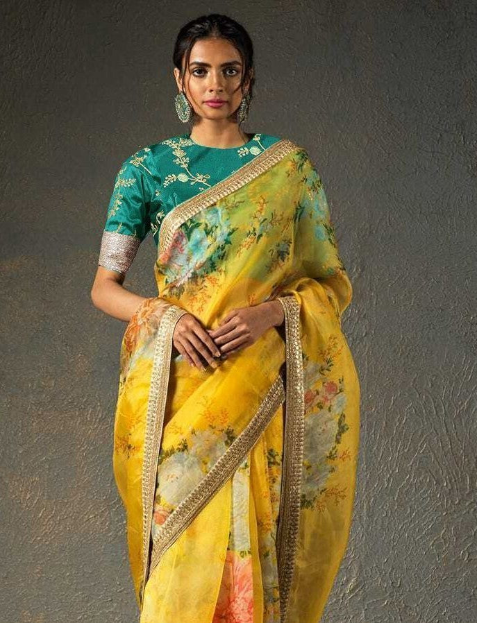 Yellow Floral Organza Wedding Wear Saree With Blouse