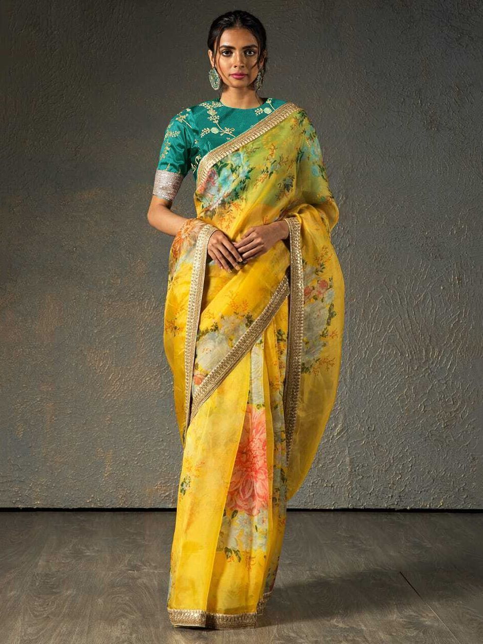 Yellow Floral Organza Wedding Wear Saree With Blouse