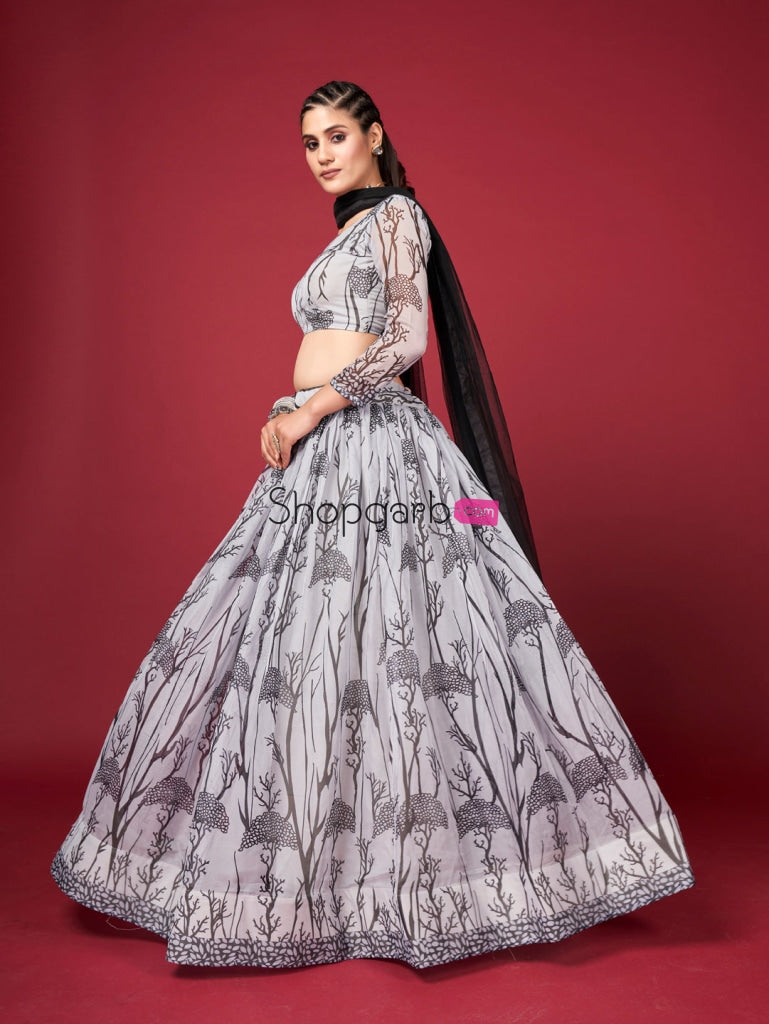 White & Black Silk Lehenga Choli With Net Dupatta