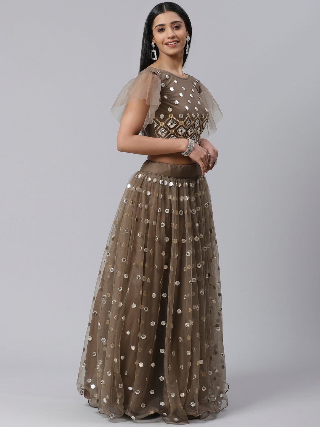 Brown Net Semi-Stitch Lehenga Choli For Reception