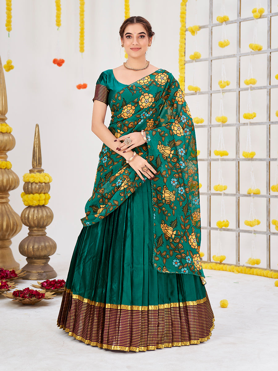 Dark Rama Woven Banarasi Silk Half Saree Lehenga