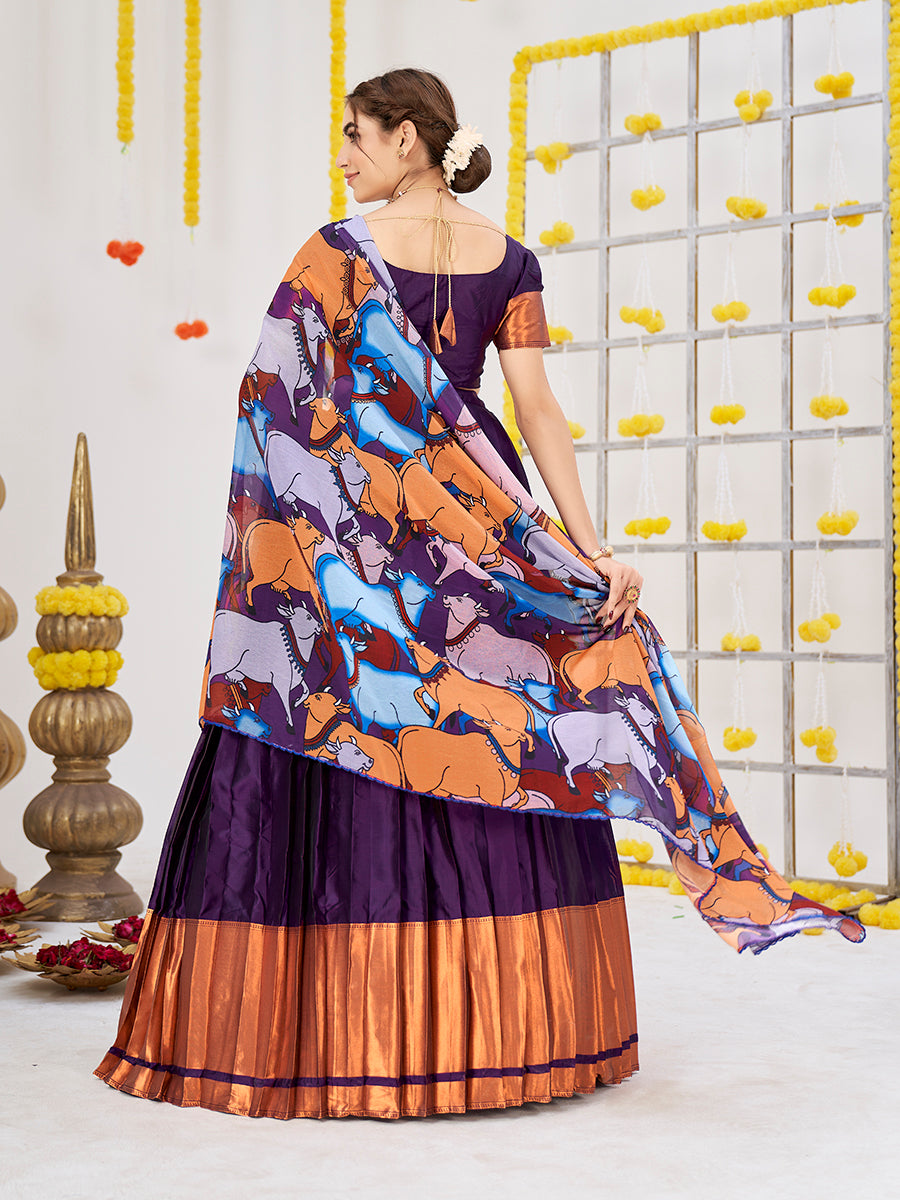 Purple & Golden Woven Banarasi Silk Half Saree Lehenga