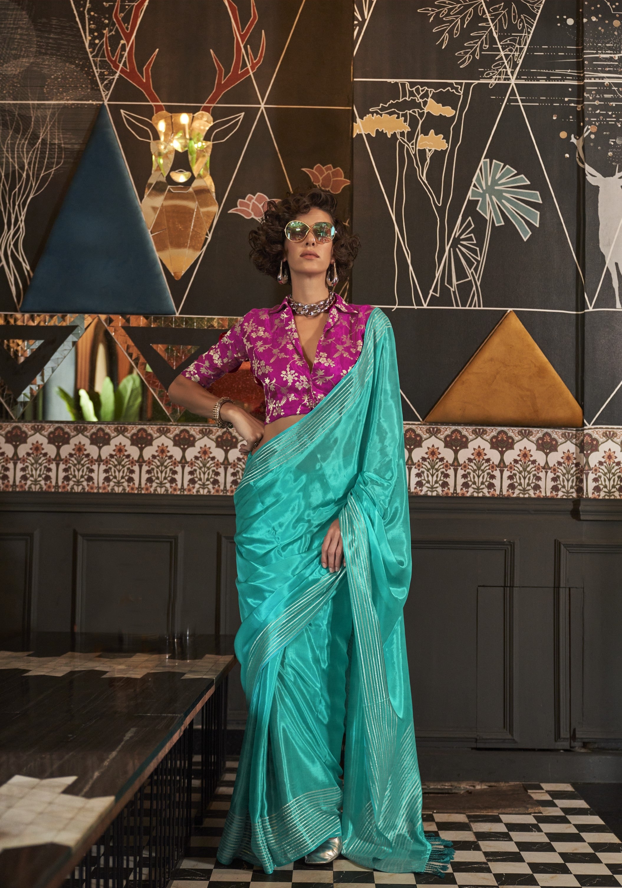 Turquoise Handloom Weaving Viscose Saree With Blouse