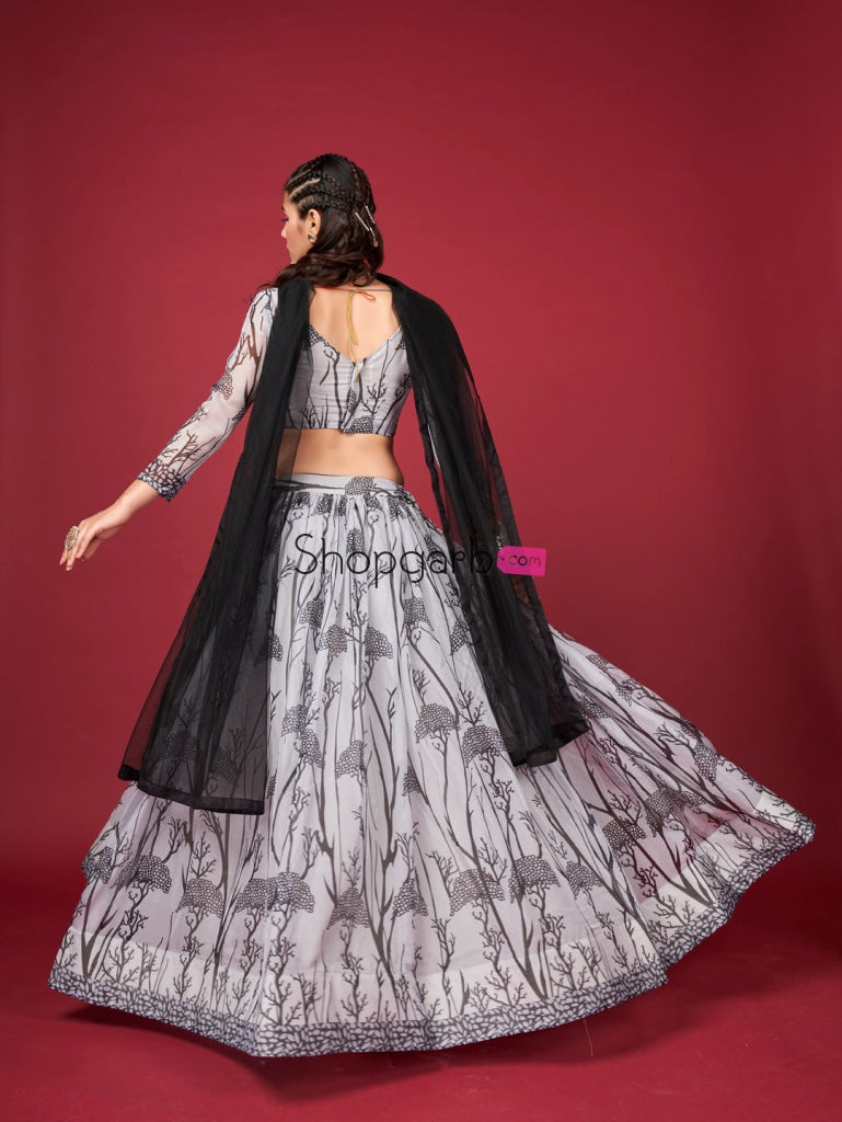 White & Black Silk Lehenga Choli With Net Dupatta