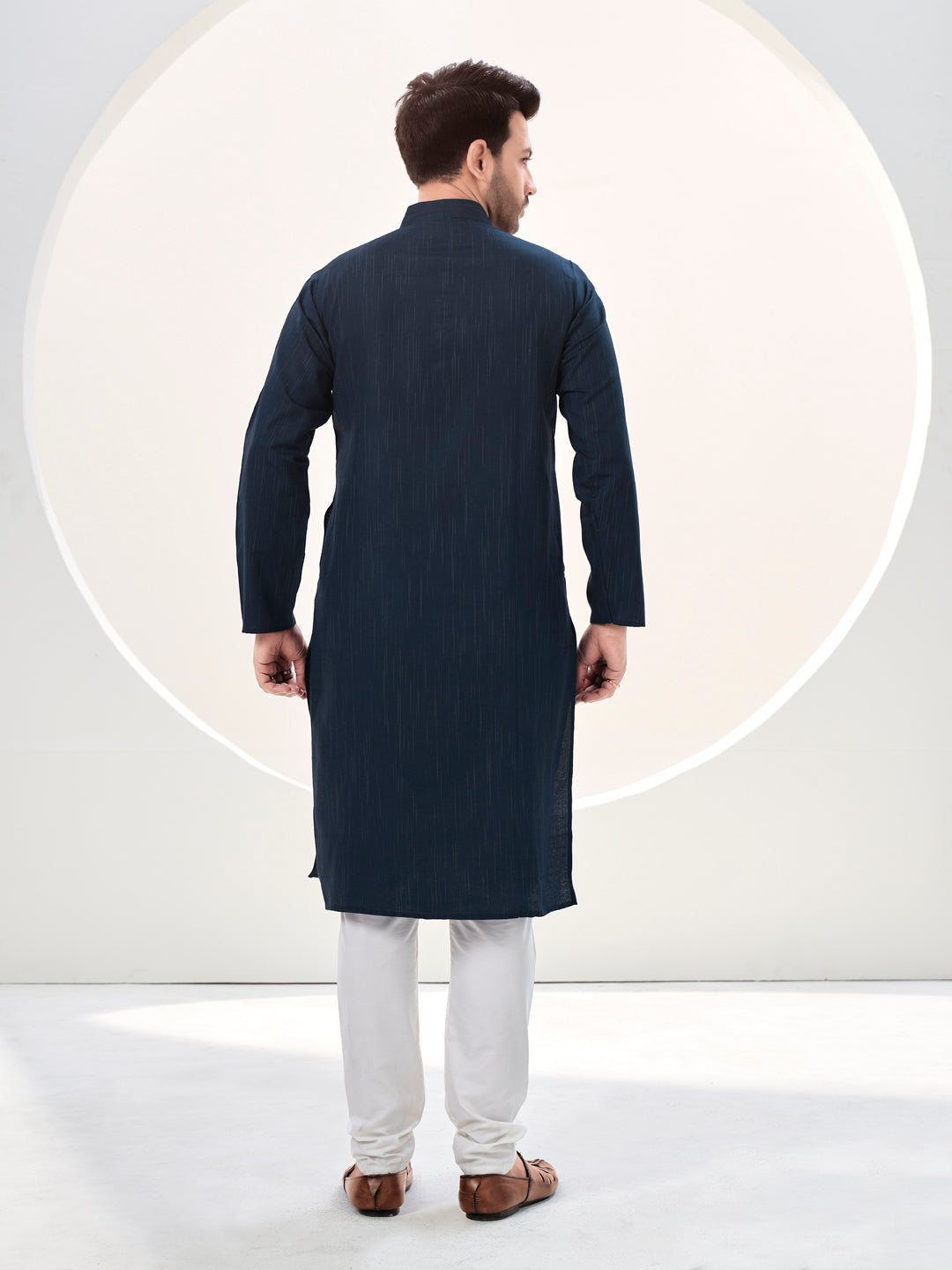 Navy Blue Plain Handloom Cotton Based Casual Kurta For Men