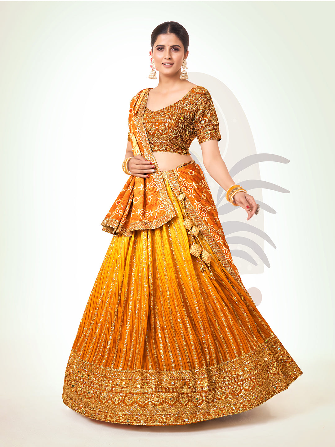 Mustard Navratri Special Chinon Silk Lehenga Choli