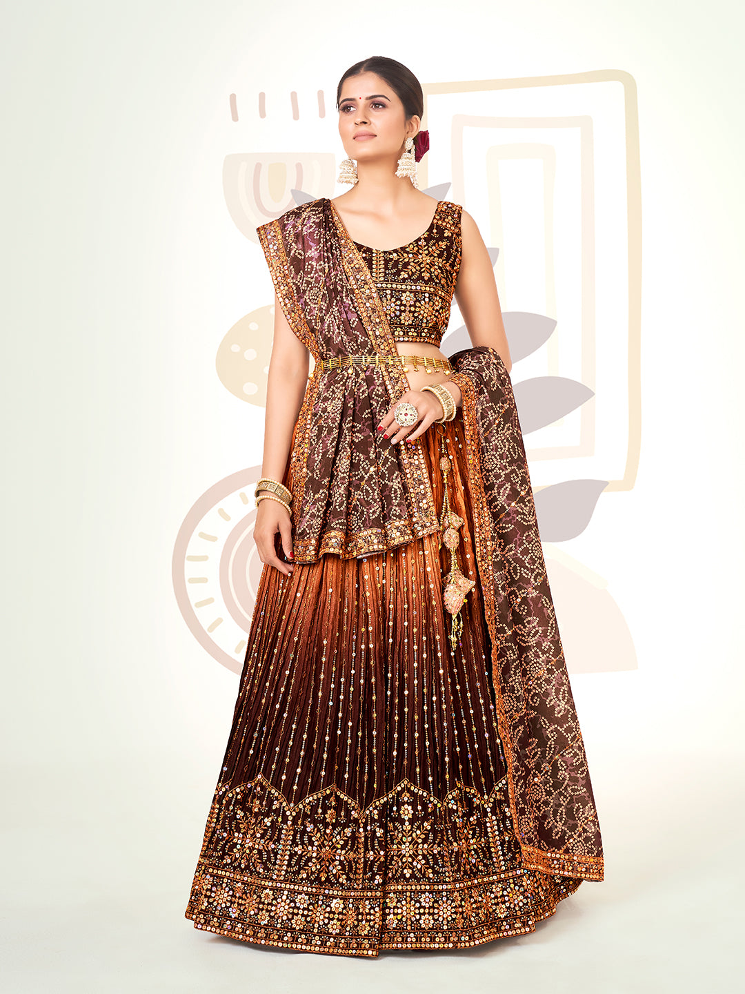 Dark Brown Navratri Special Chinon Silk Lehenga Choli