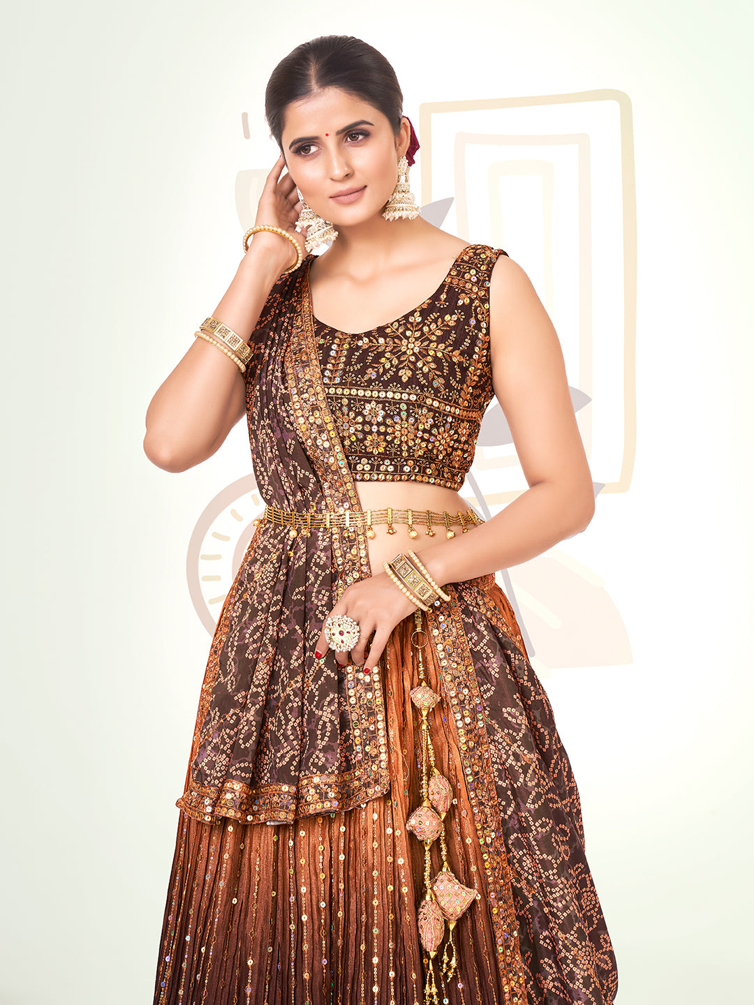 Dark Brown Navratri Special Chinon Silk Lehenga Choli