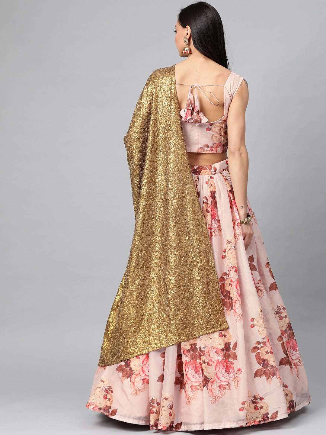 Peach & Green Floral Lehenga Choli With Sequins Dupatta