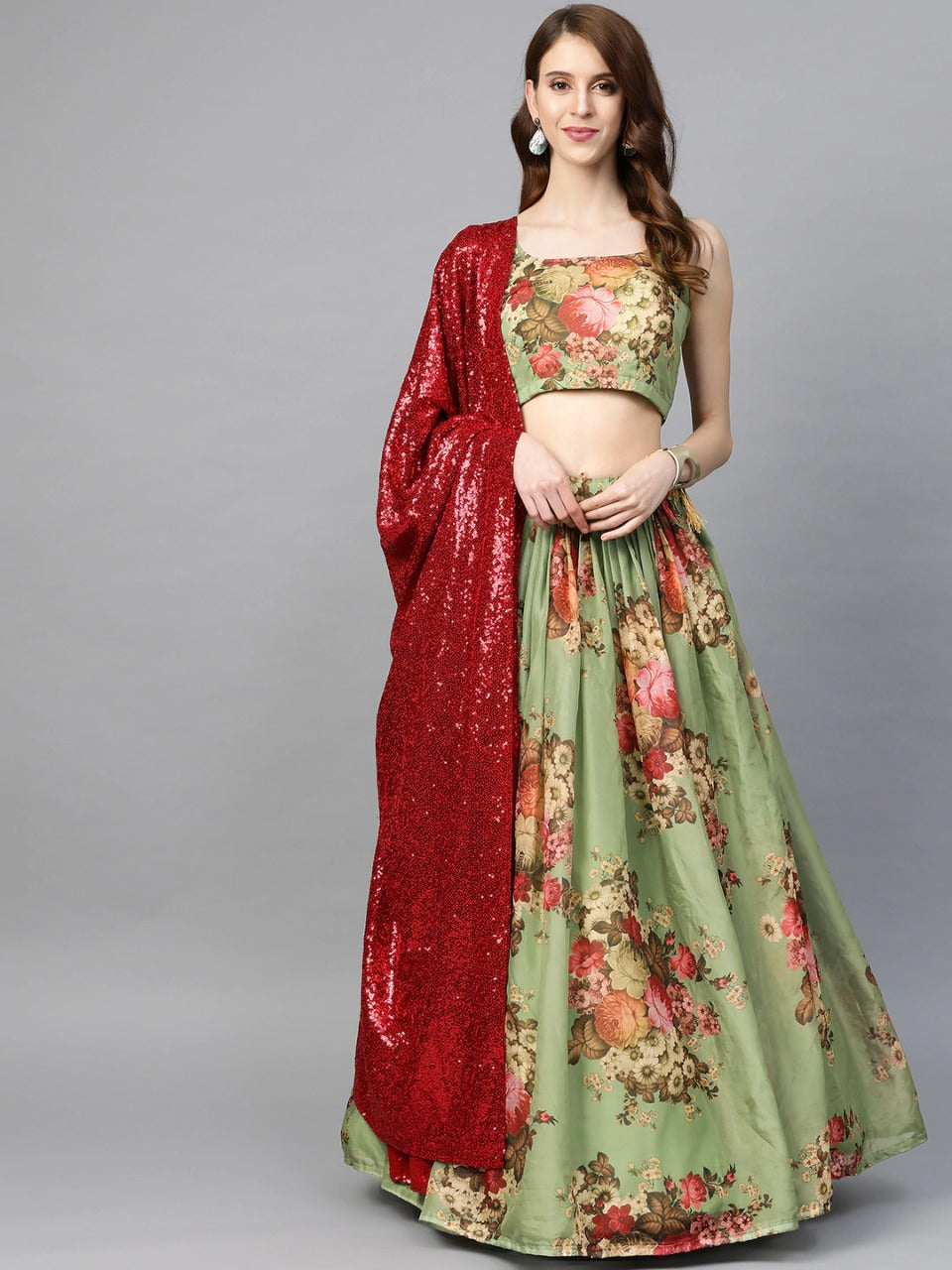 Green & Red Floral Printed Lehenga Choli With Sequins Dupatta