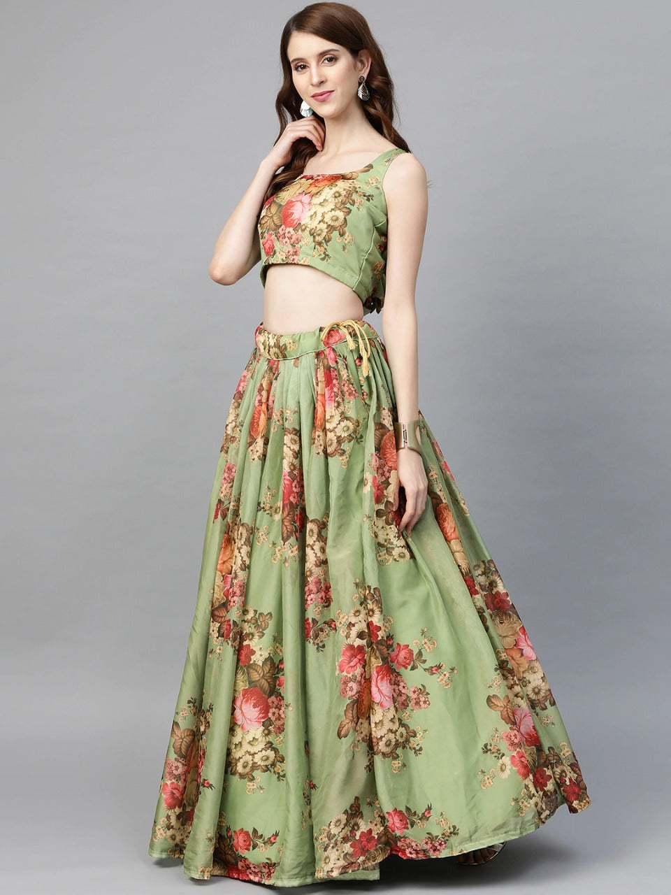 Green & Red Floral Printed Lehenga Choli With Sequins Dupatta