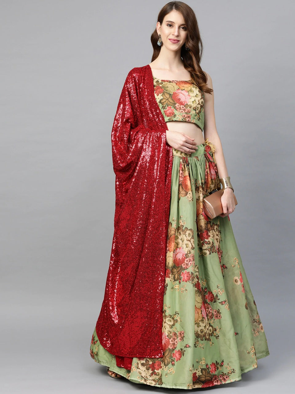 Green & Red Floral Printed Lehenga Choli With Sequins Dupatta