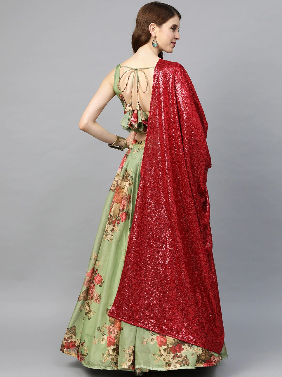 Green & Red Floral Printed Lehenga Choli With Sequins Dupatta