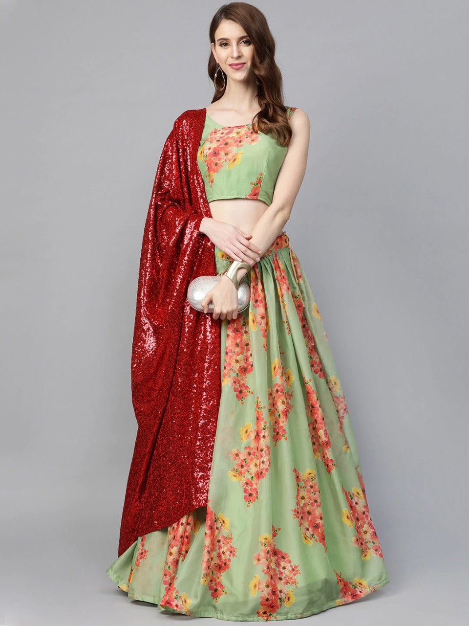 Green & Red Floral Lehenga Choli With Sequins Dupatta