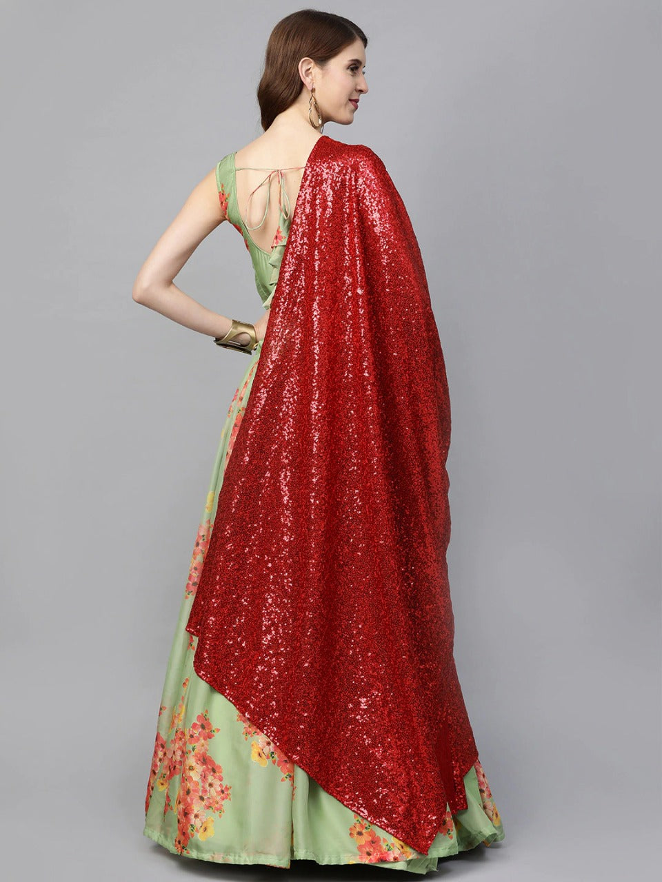 Green & Red Floral Lehenga Choli With Sequins Dupatta