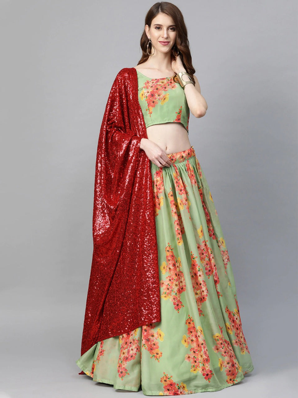 Green & Red Floral Lehenga Choli With Sequins Dupatta