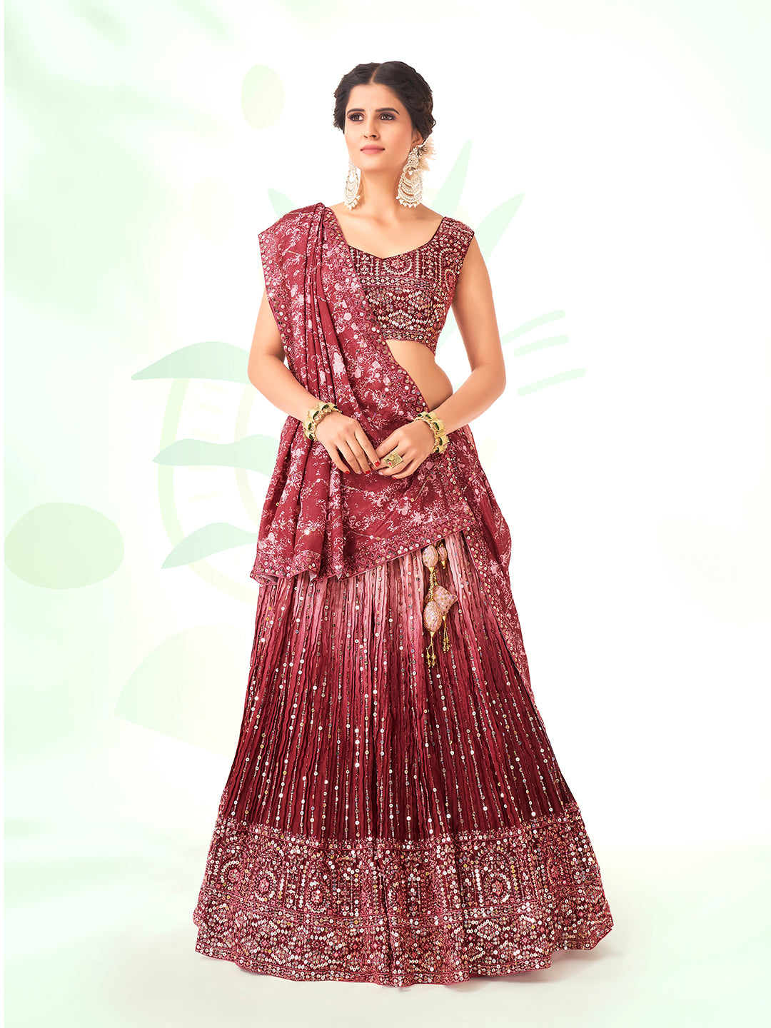 Maroon Navratri Special Chinon Silk Lehenga Choli