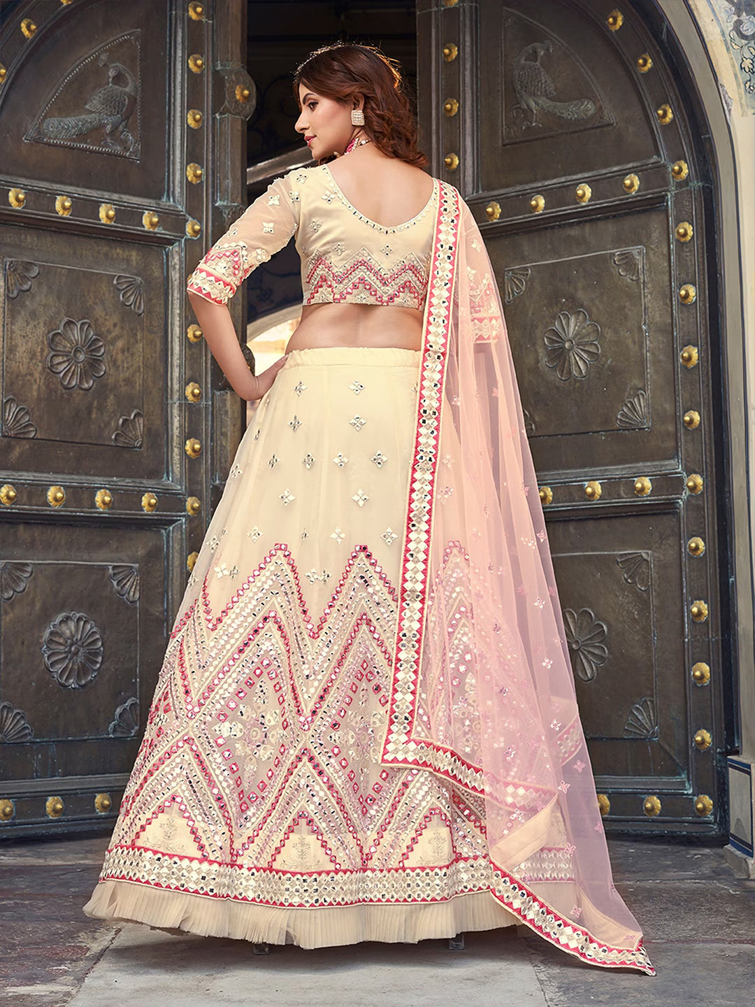 Yellow & Pink Embroidered Sequined Semi-Stitched Lehenga Choli