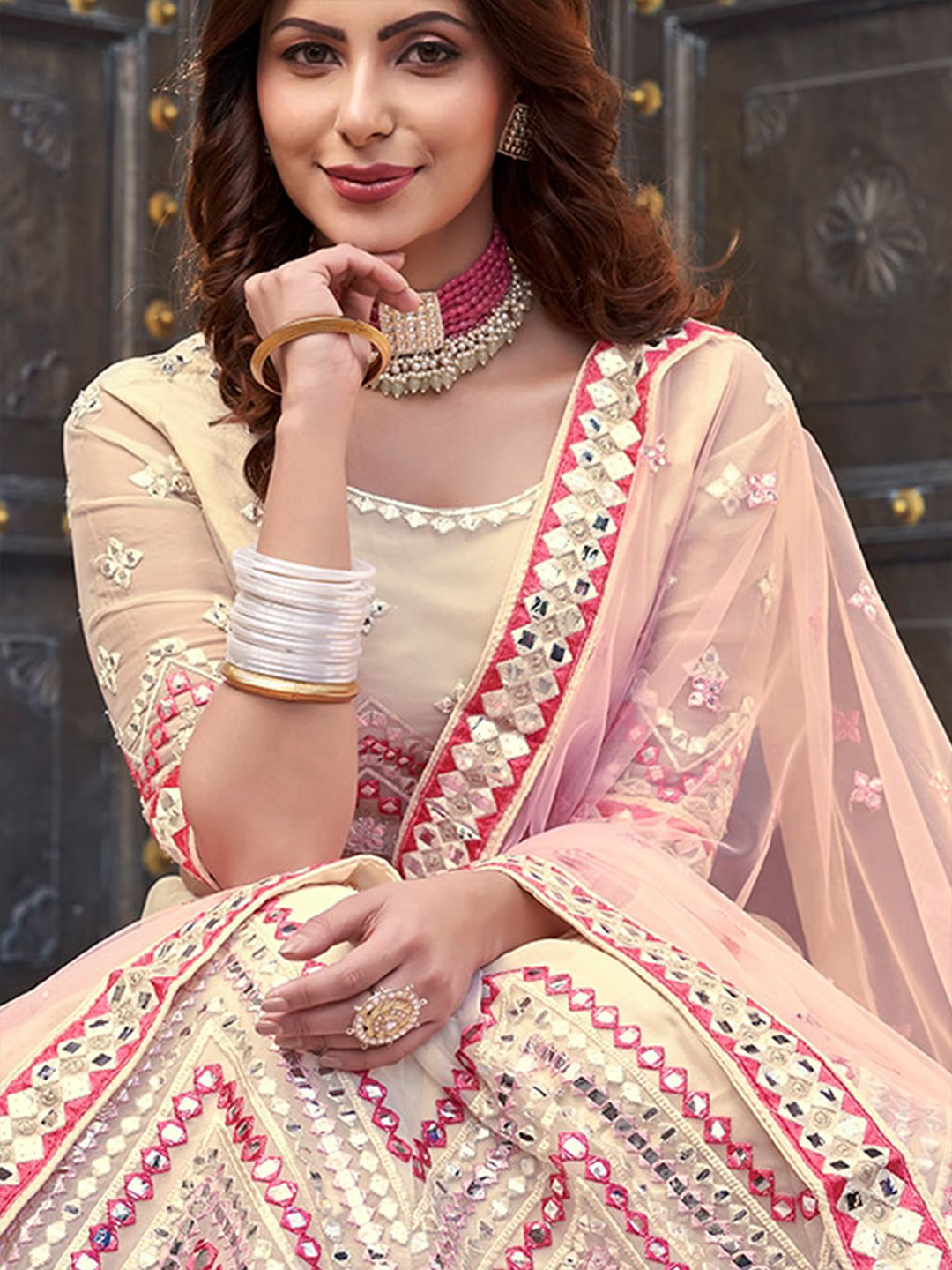 Yellow & Pink Embroidered Sequined Semi-Stitched Lehenga Choli