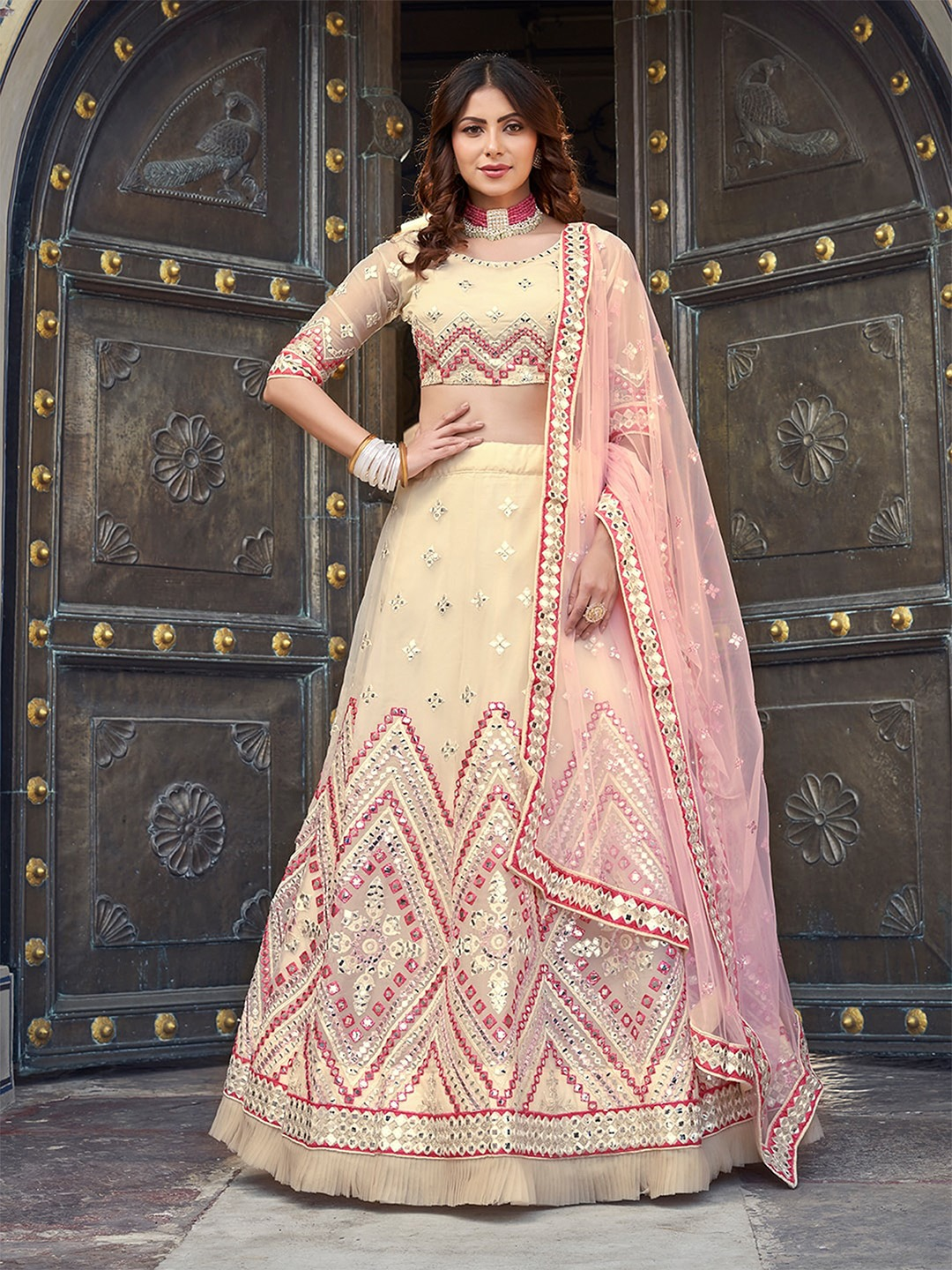 Yellow & Pink Embroidered Sequined Semi-Stitched Lehenga Choli