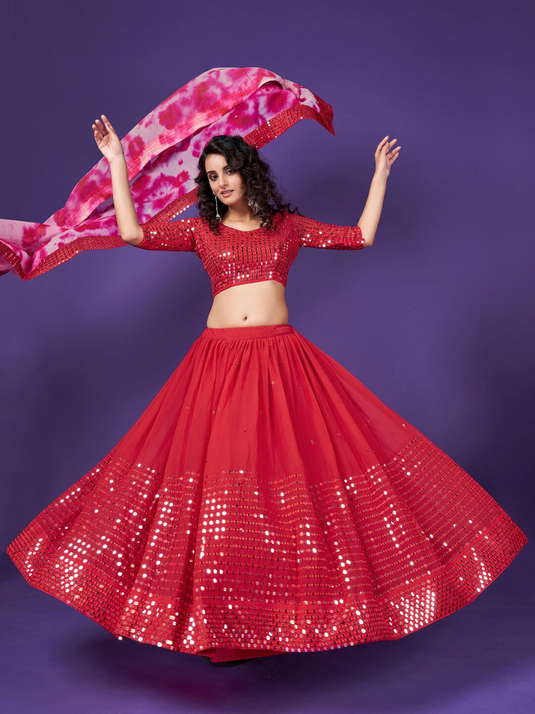 Red Sequins Embroidered Sangeet Lehenga Choli