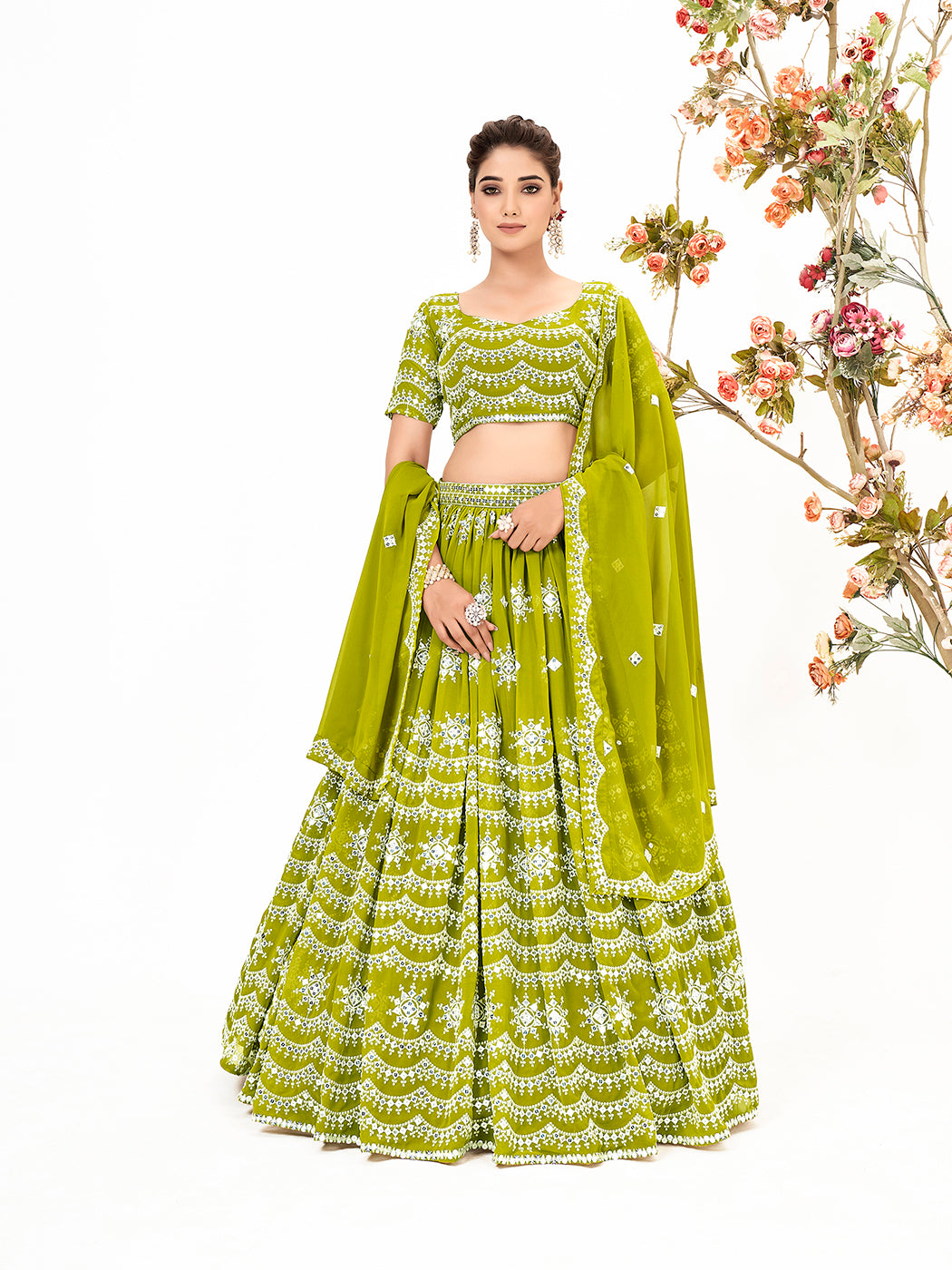 Lime Green Georgette Embroidered Wedding Lehenga Choli