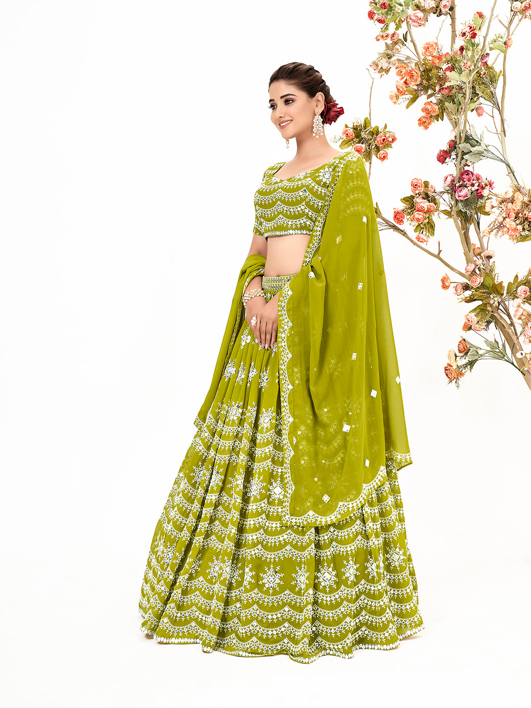 Lime Green Georgette Embroidered Wedding Lehenga Choli