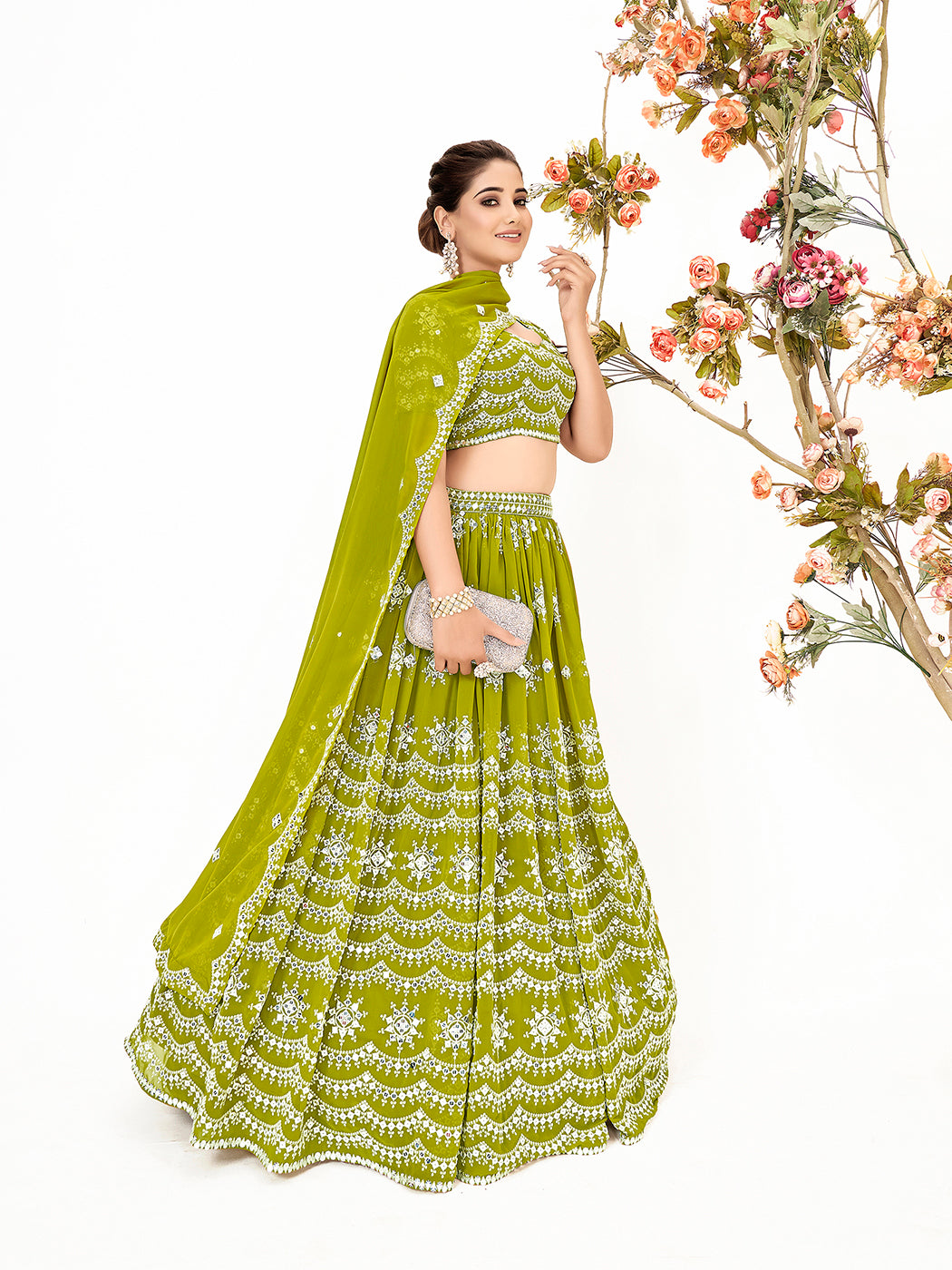 Lime Green Georgette Embroidered Wedding Lehenga Choli