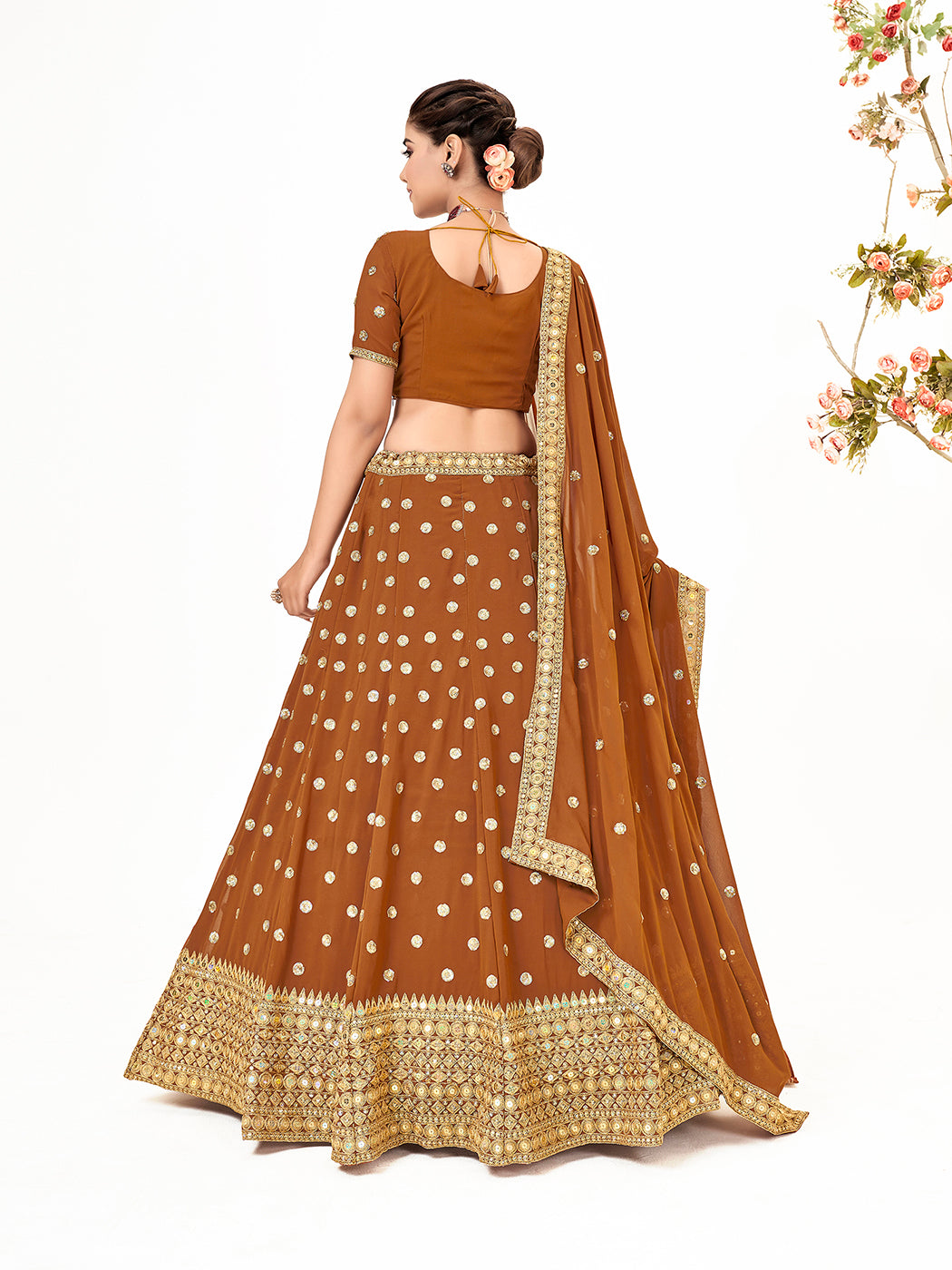 Camel Brown Georgette Embroidered Wedding Lehenga Choli