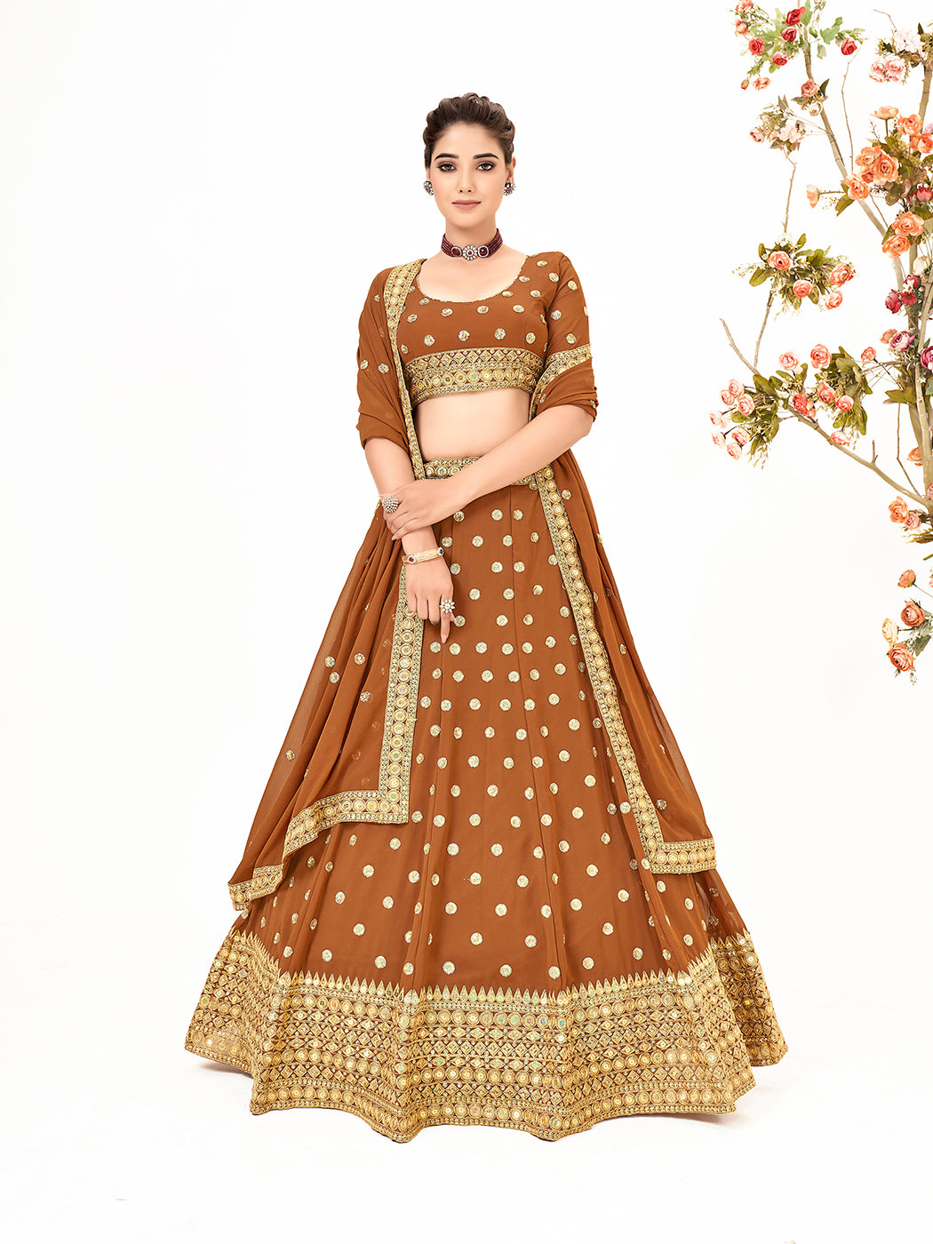 Camel Brown Georgette Embroidered Wedding Lehenga Choli