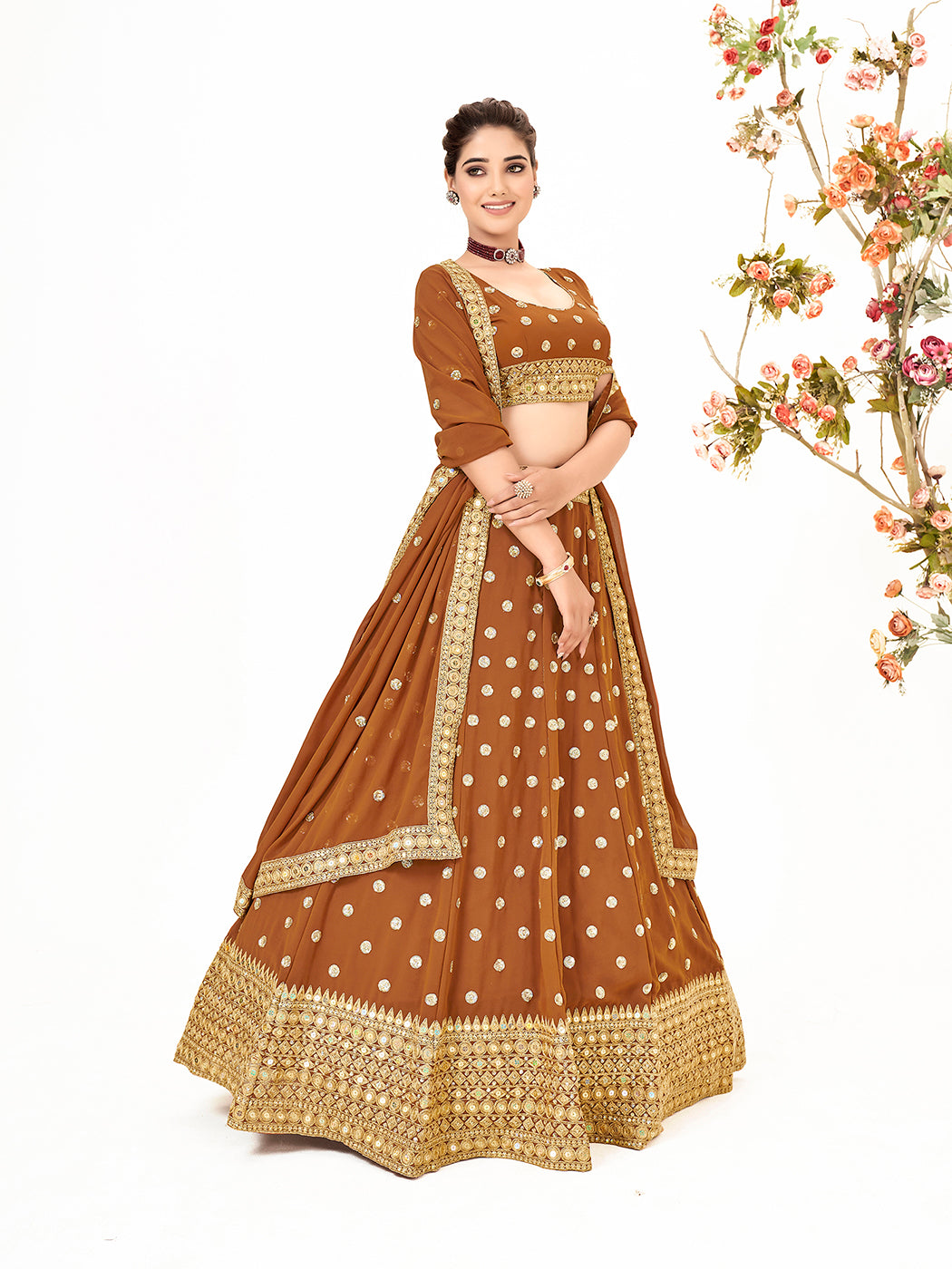 Camel Brown Georgette Embroidered Wedding Lehenga Choli