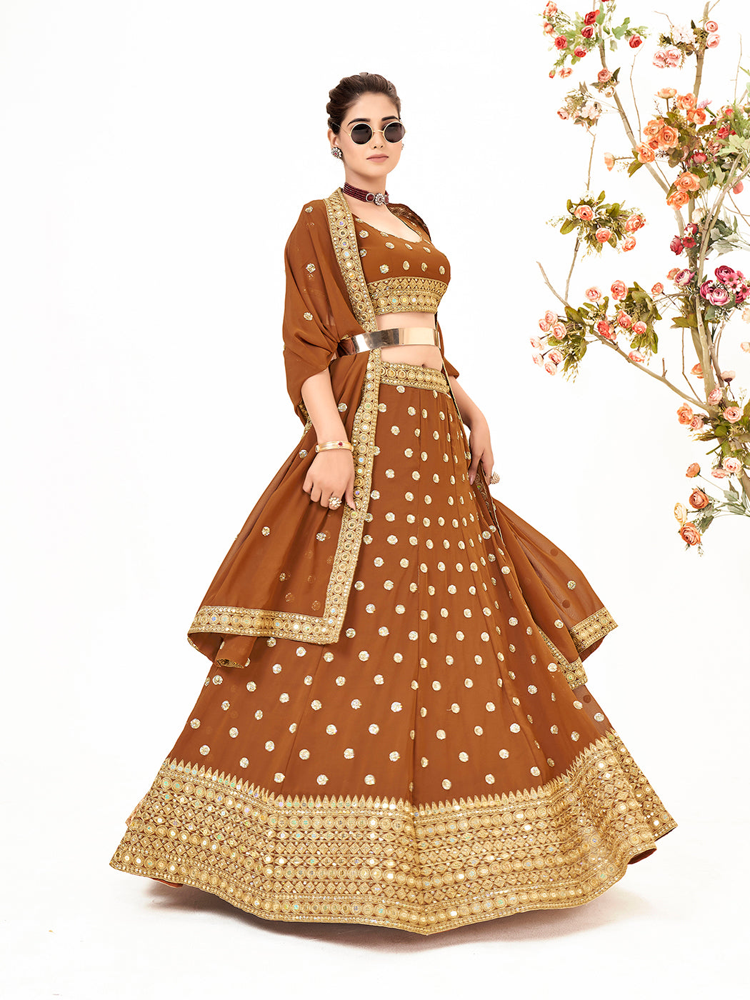 Camel Brown Georgette Embroidered Wedding Lehenga Choli