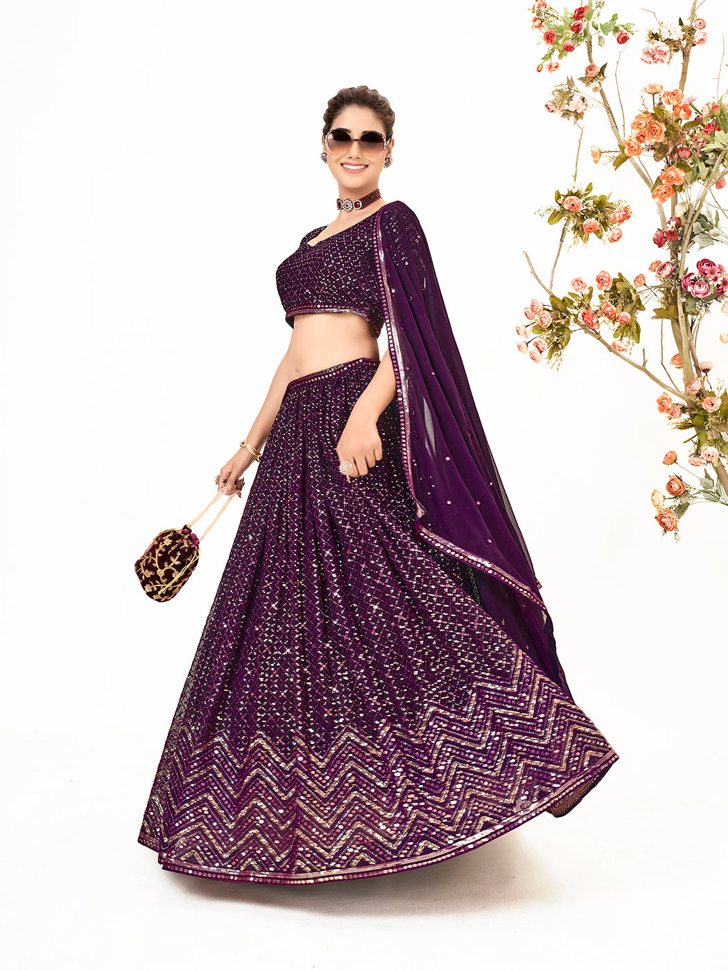 Dark Purple Georgette Embroidered Wedding Lehenga Choli