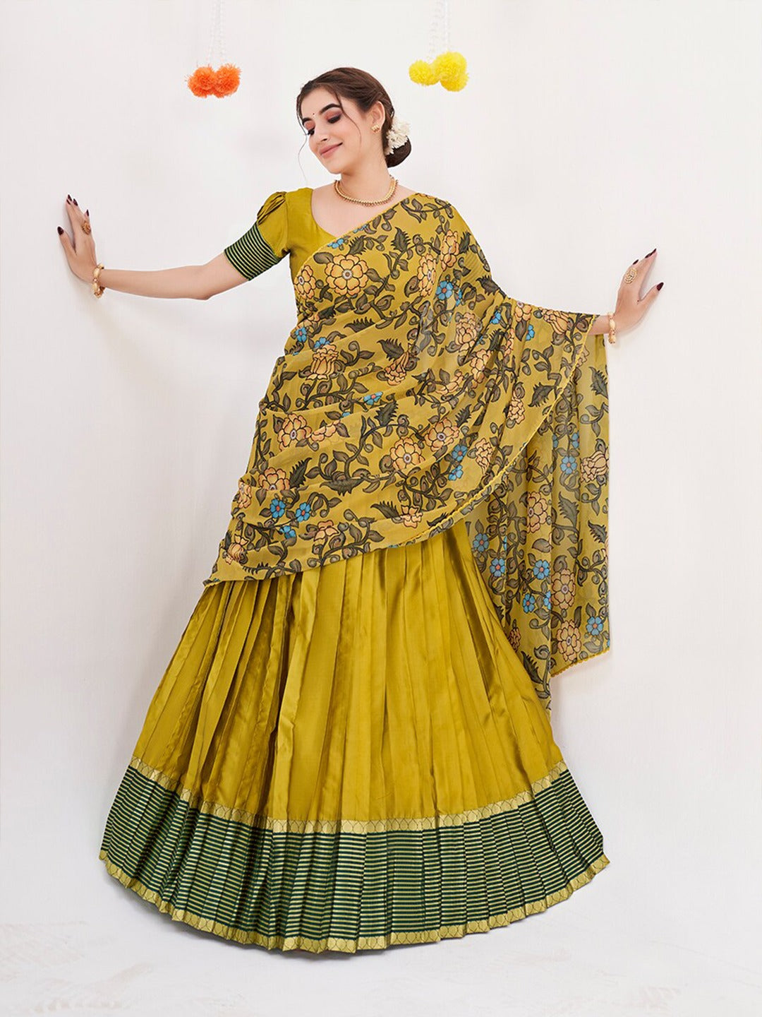 Olive Green Woven Banarasi Silk Half Saree Lehenga