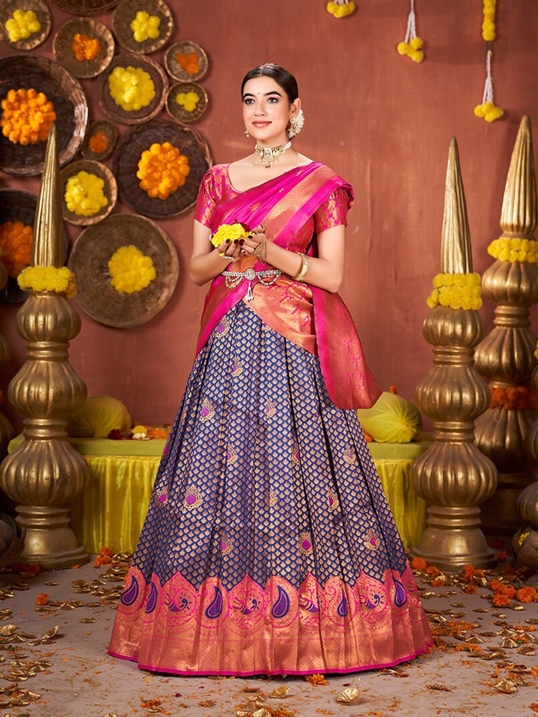 Blue & Pink Banarasi Silk Half Saree Lehenga Choli
