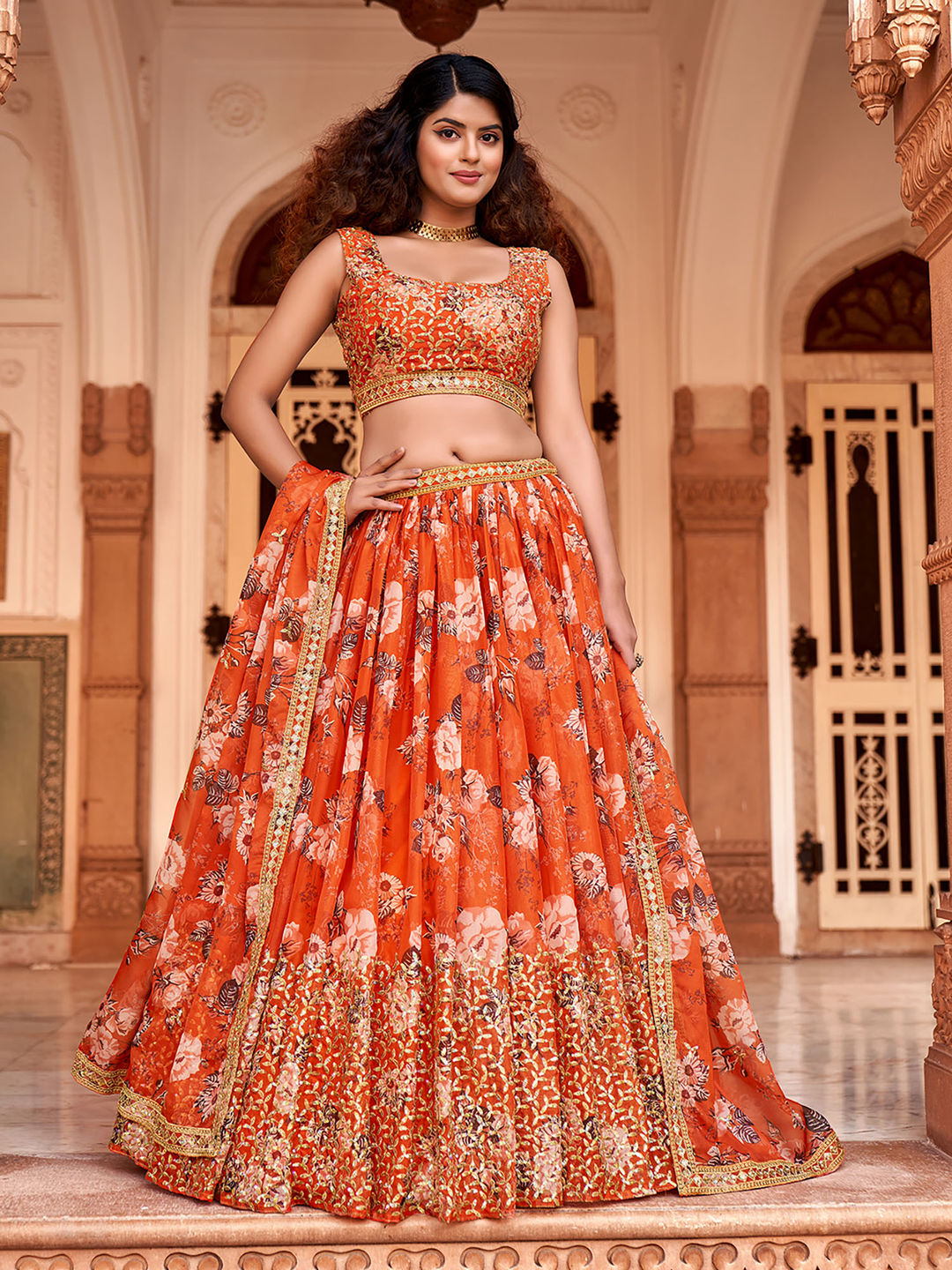 Orange Floral Printed Organza Lehenga Choli